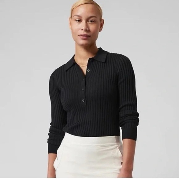 EUC - ATHLETA Sweet Bay Ribbed Henley Sweater, Black - Size S - Picture 1 of 6
